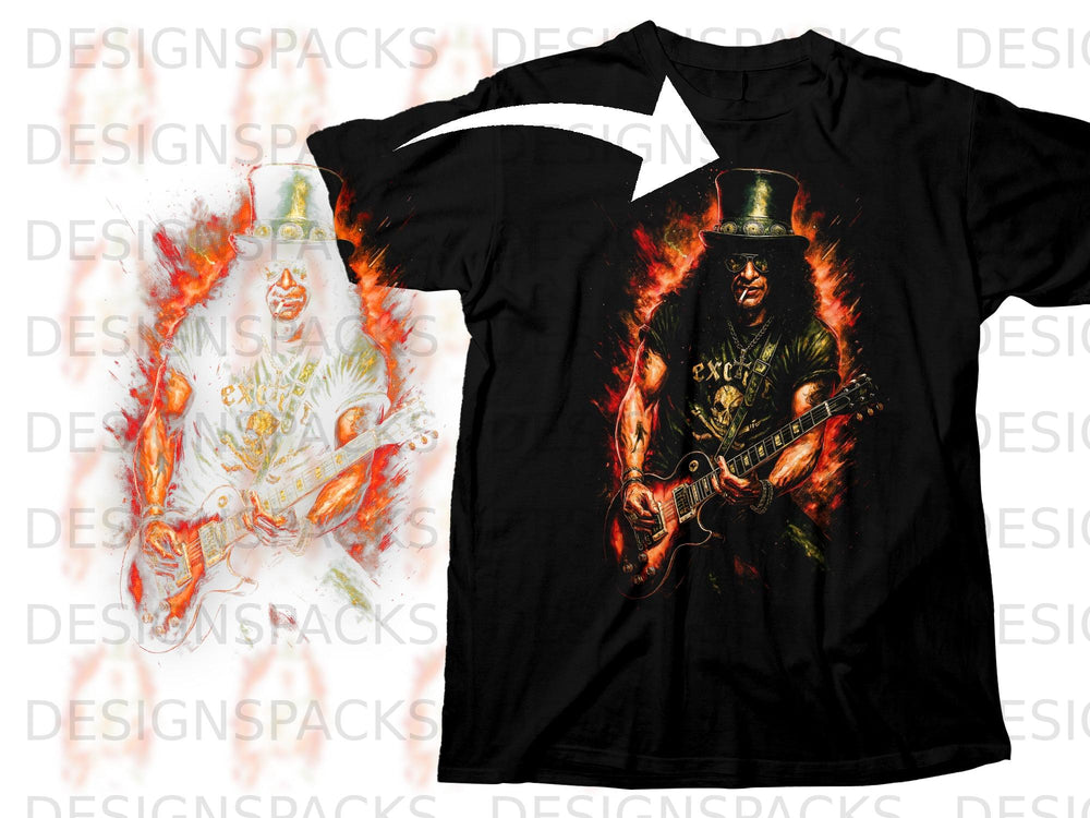 Black t-shirt with a graphic of a man with a top hat playing guitar amidst flames.