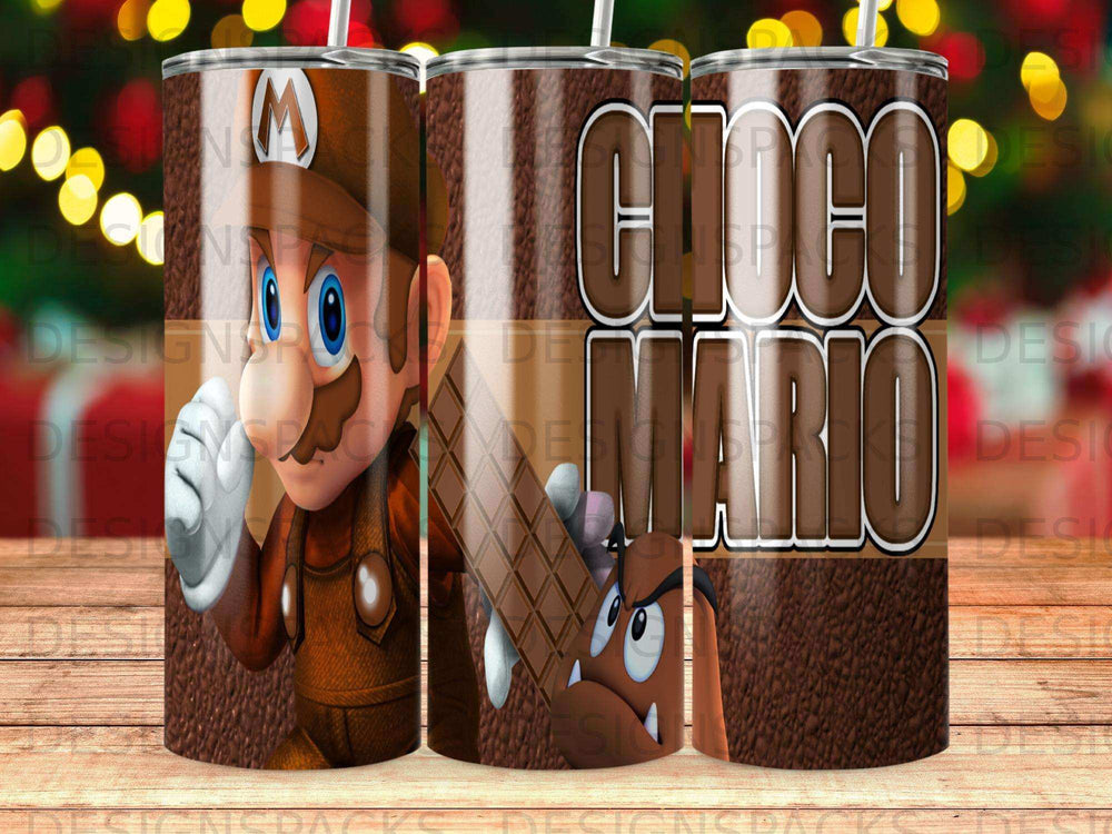 Choco Mario tumbler with Mario character, chocolate bars, and "Choco Mario" text.