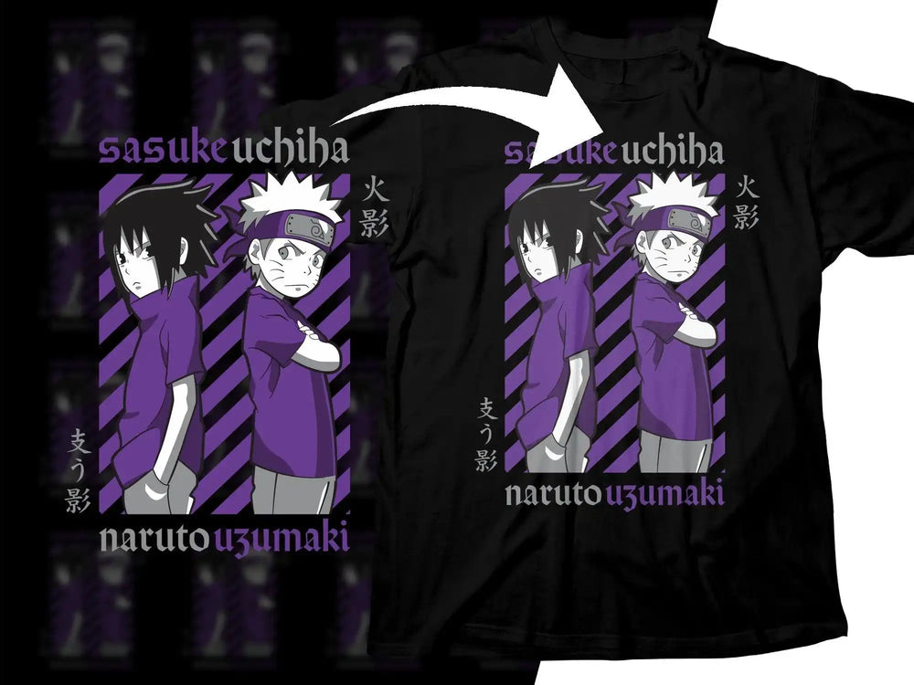 Naruto and Sasuke Uchiha anime t-shirt design with purple stripes and Japanese text