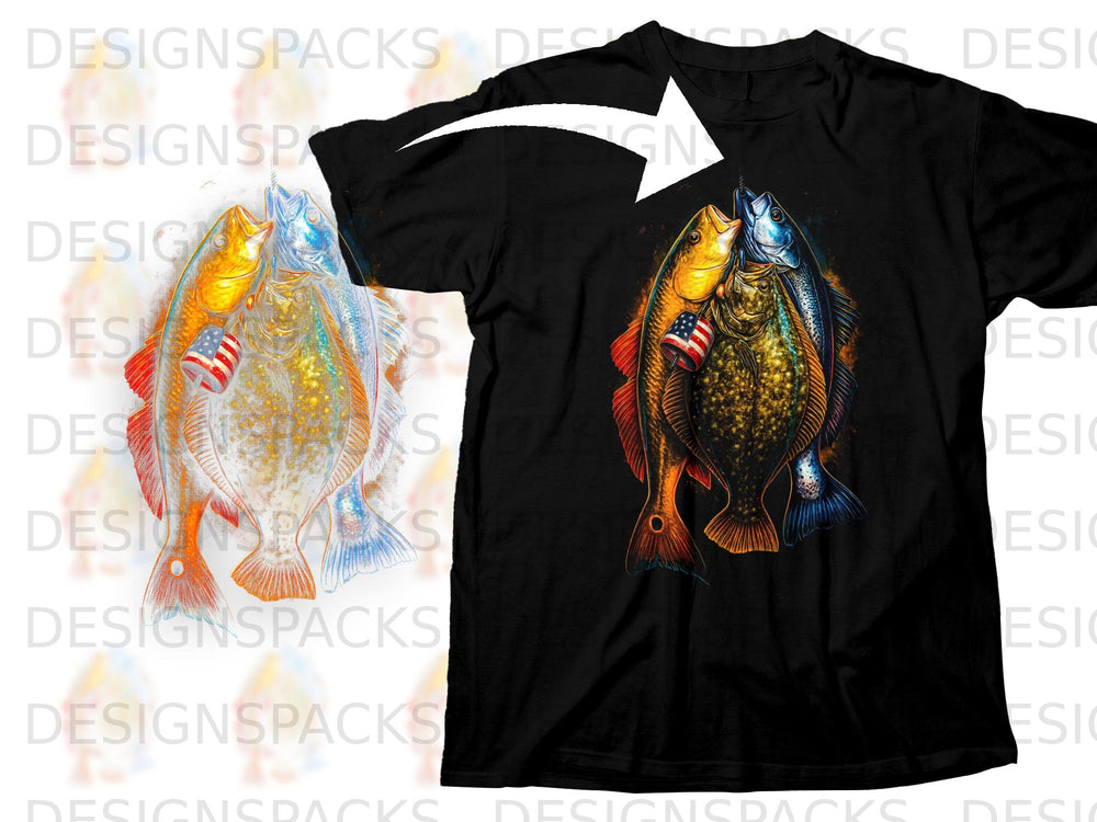 Black t-shirt featuring three colorful fish with an American flag accent.