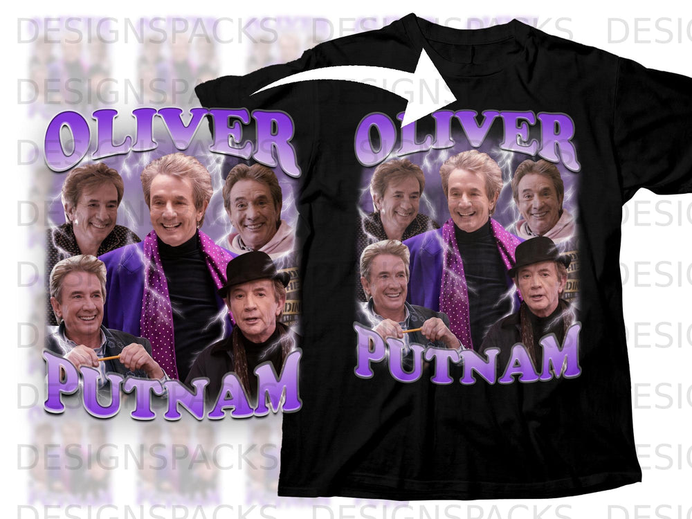 Black t-shirt with "OLIVER" and "PUTNAM" in purple text over a collage of images.