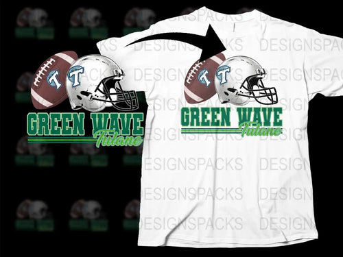 Green Wave Tulane football helmet and ball design on white t-shirt, print-ready graphic