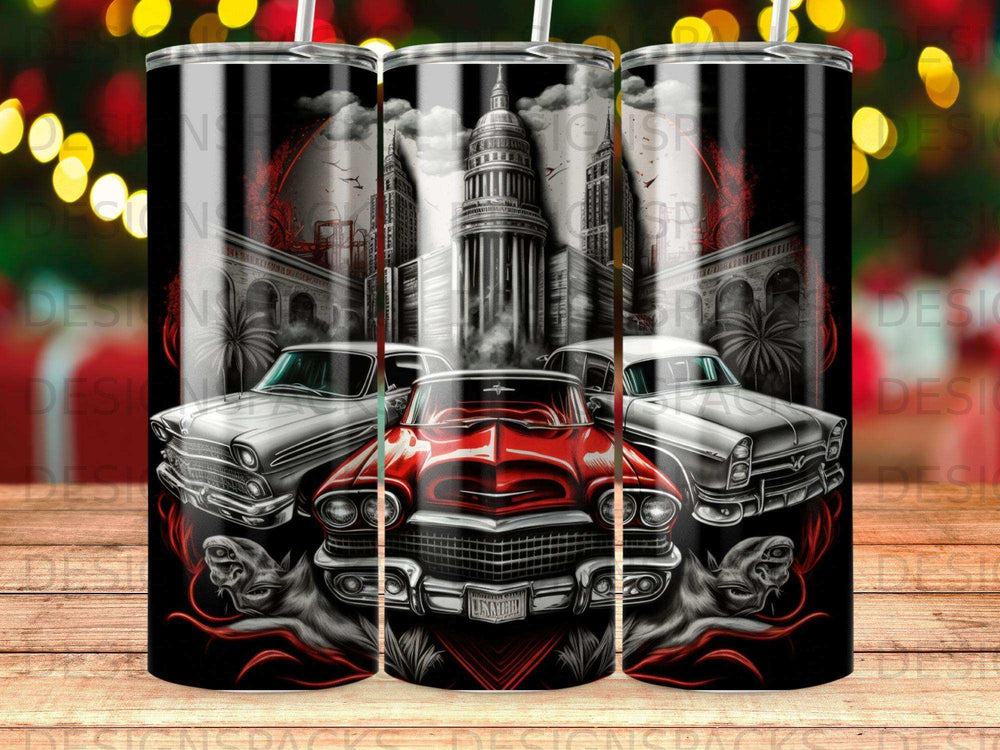 Classic red and silver cars with skulls and city skyline.