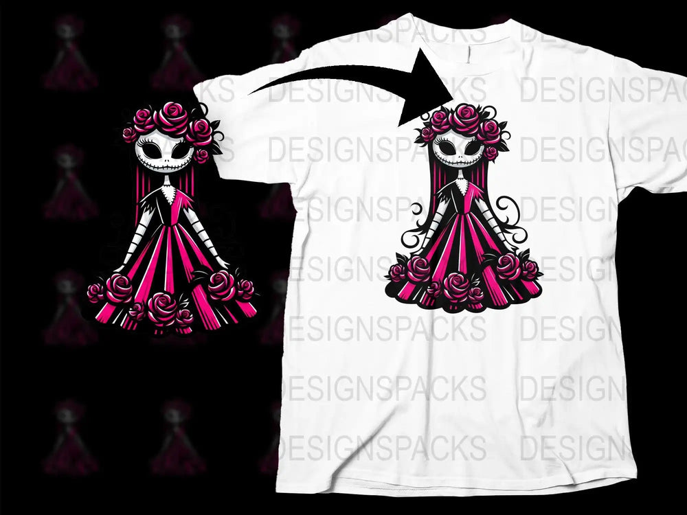 Pink rose skeleton girl design for t-shirt, print-ready DTF/DTG bundle, Day of Dead style