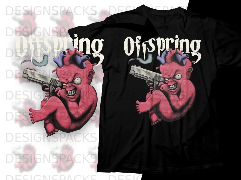Offspring baby character holding a gun, with band logo above.