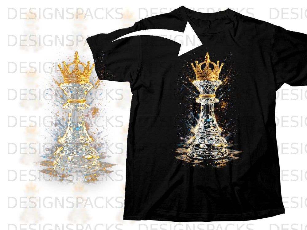 Black t-shirt with a golden-crowned crystal chess king design.