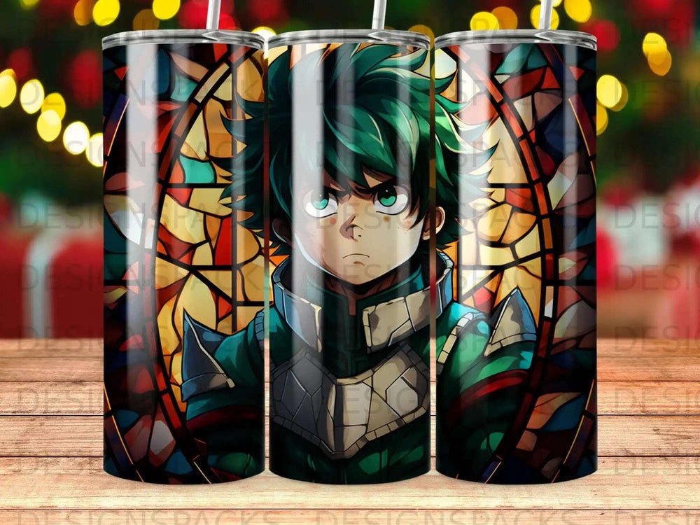 Stained glass tumbler featuring anime character Izuku Midoriya.
