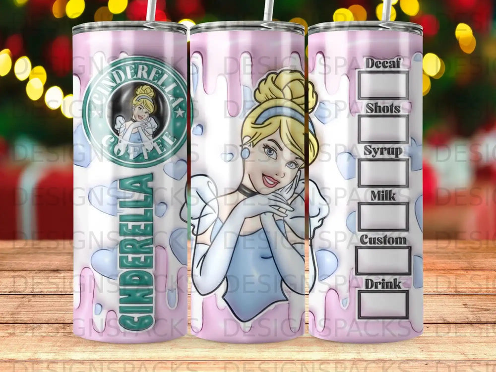 Cinderella and beverage labels on a patterned tumbler.