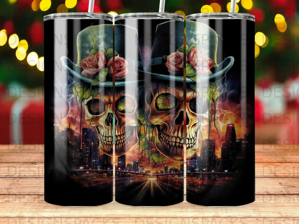Two skulls with roses on top hats against a cityscape background.
