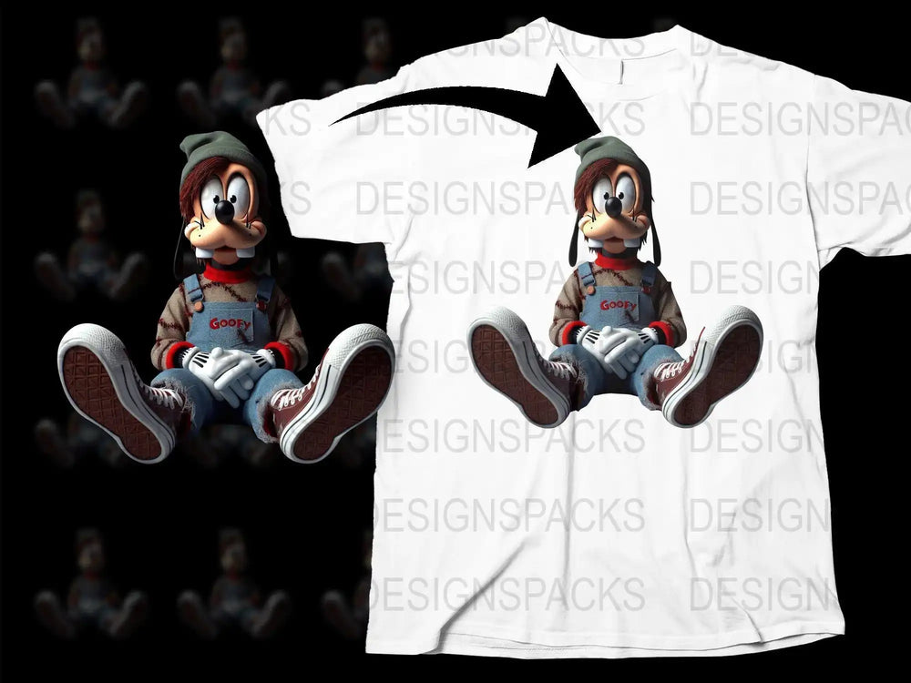 Goofy in overalls and sneakers, printed on a white t-shirt design