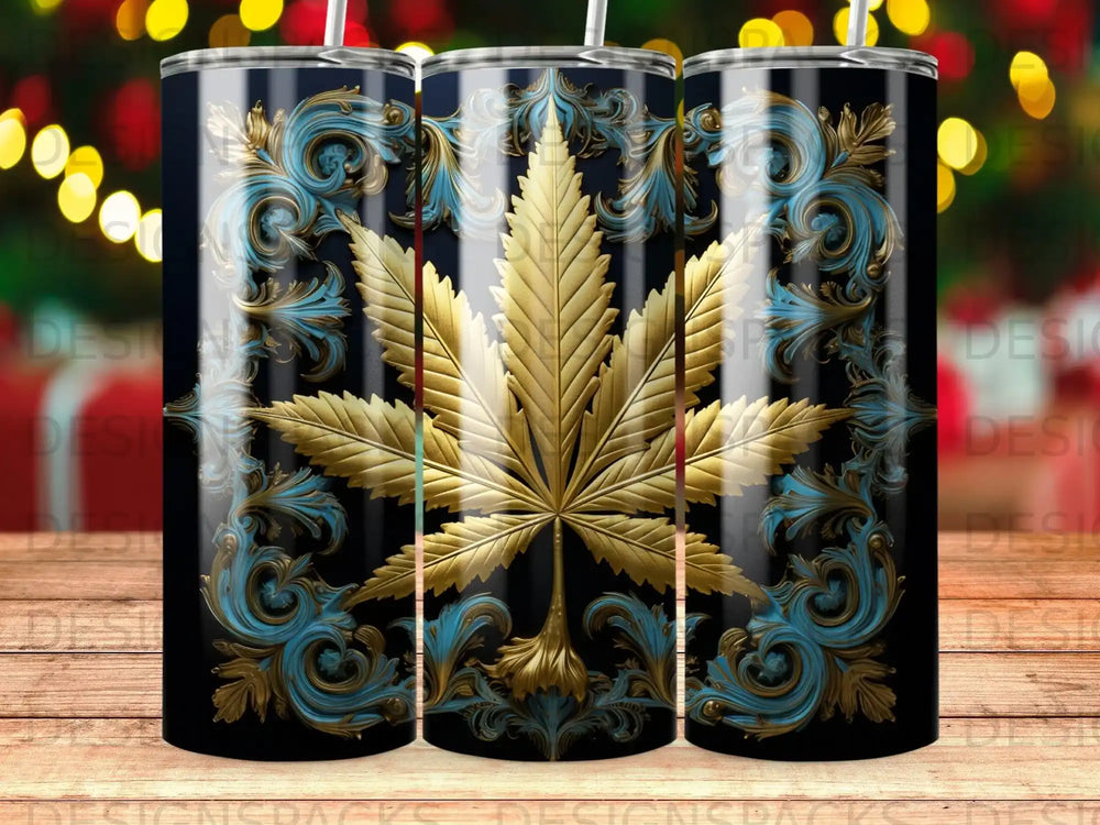 Gold cannabis leaf design with ornate blue swirls on a black background.
