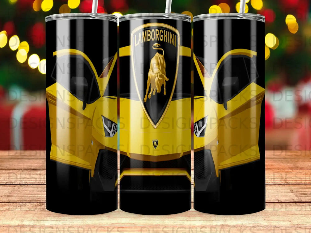 Yellow Lamborghini car logo on black background with metallic accents.