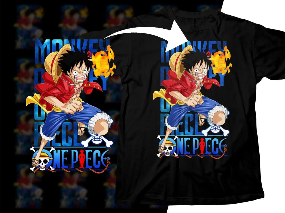 One Piece Monkey D. Luffy t-shirt design with fiery fist and skull logo, print-ready graphic
