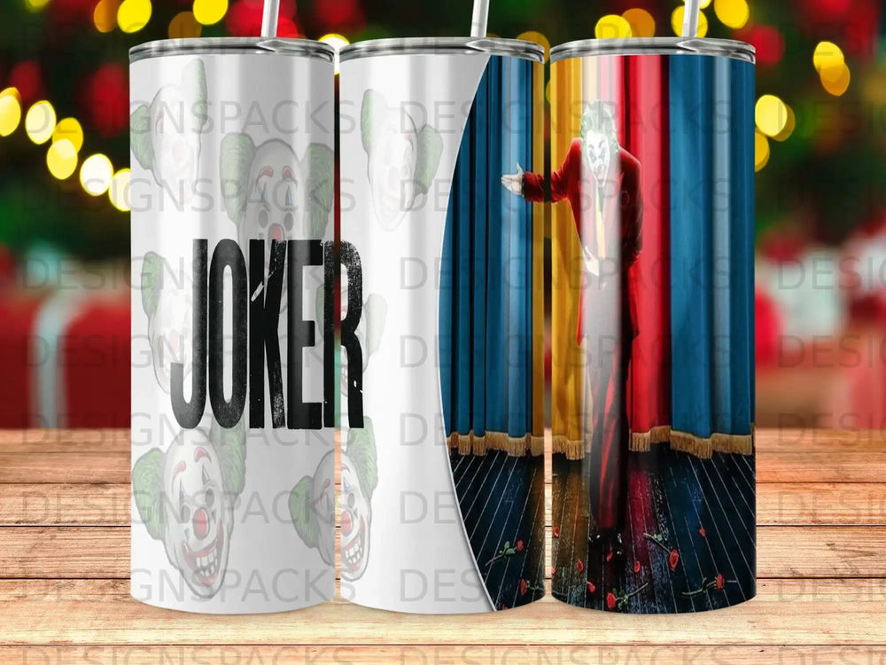 Joker tumbler with red curtain background and falling roses.