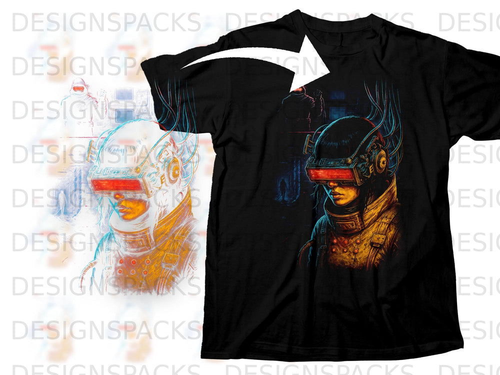 Black t-shirt with cyberpunk portrait featuring red-eyed figure wearing VR goggles.