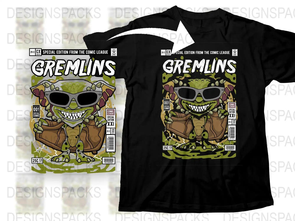 Gremlins comic-style t-shirt design with sunglasses and print-ready artwork