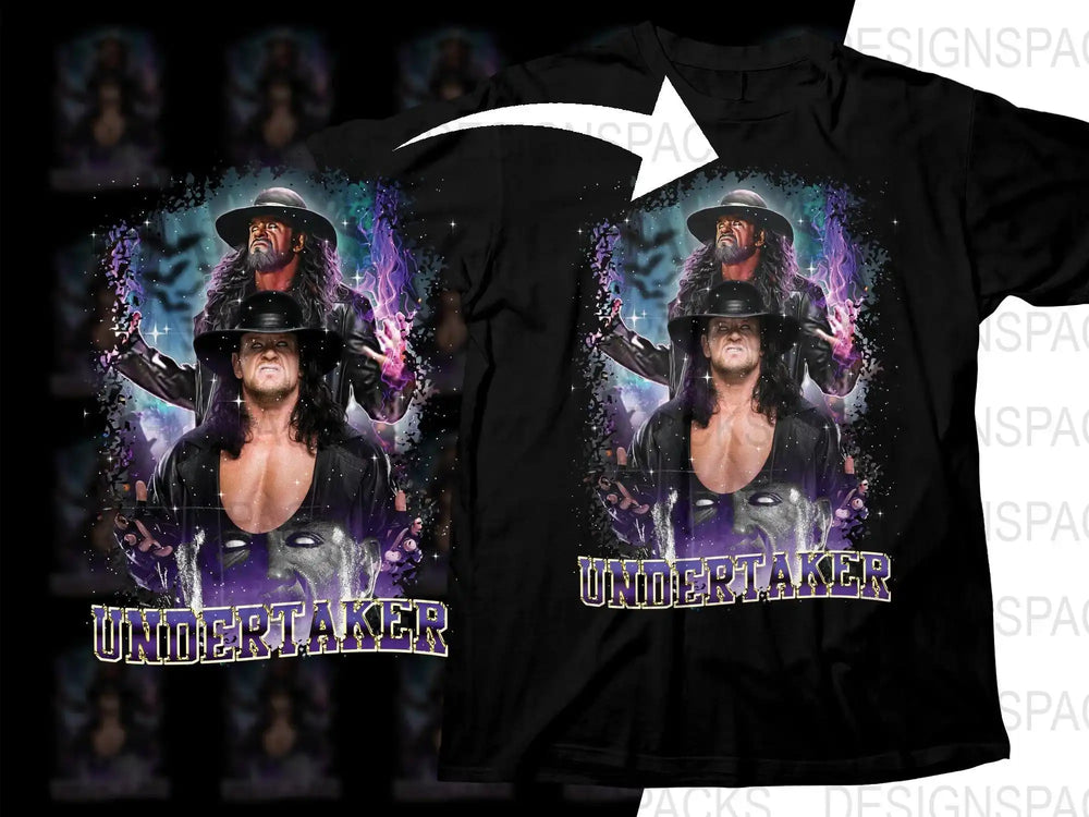Undertaker wrestling design on black t-shirt with purple flames and sparkles