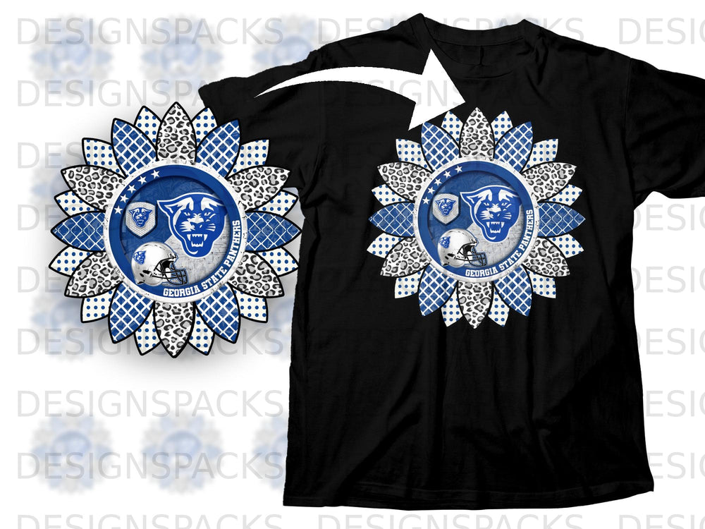 Georgia State Panthers sunflower design with panther logo and helmet on black shirt.
