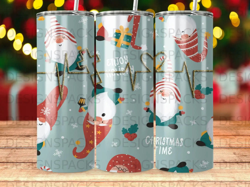 Christmas gnomes and heartbeats pattern on a skinny tumbler.