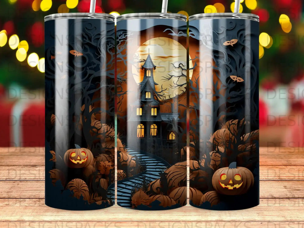 Halloween tumbler with jack-o'-lanterns, haunted house, and spooky trees under a moon.