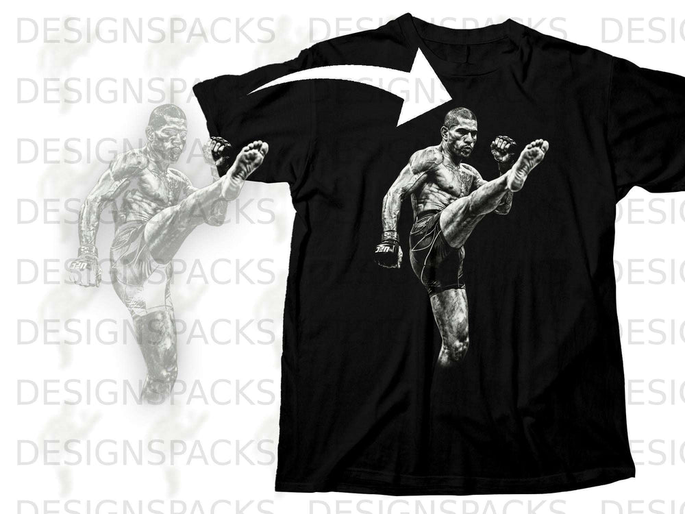 Black t-shirt with a graphic of a man performing a martial arts kick.