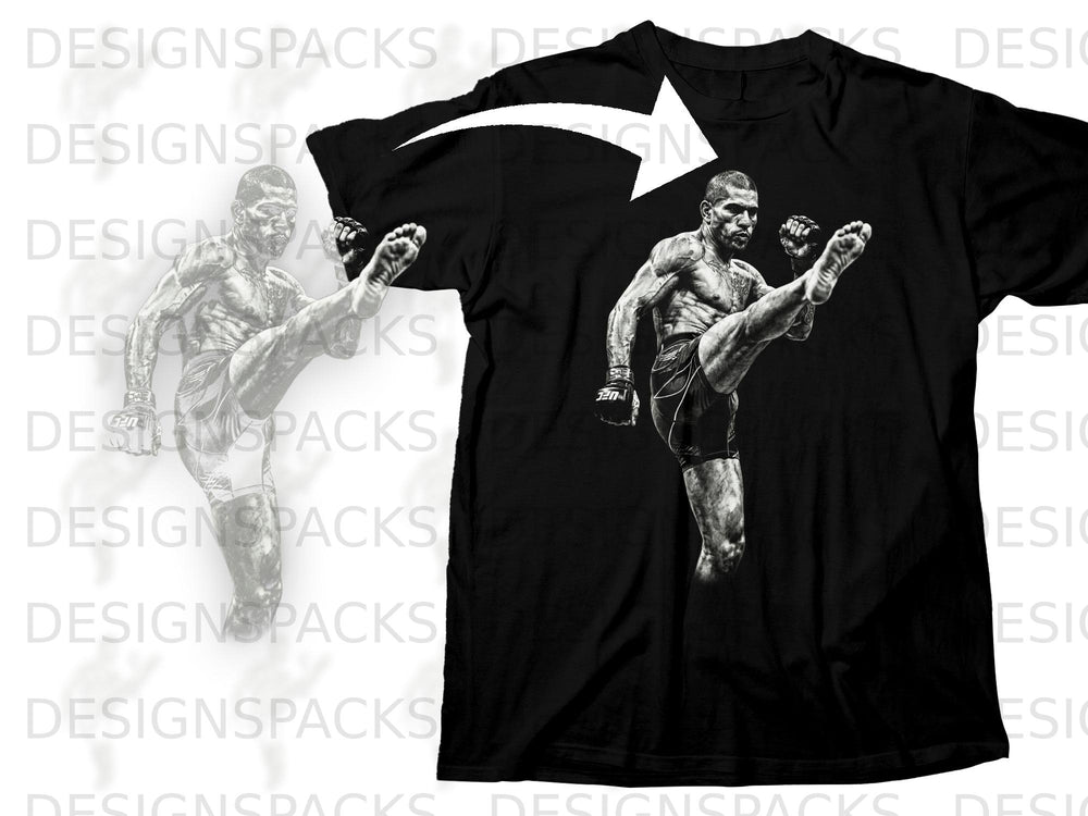 Black t-shirt with a graphic of a man performing a martial arts kick.
