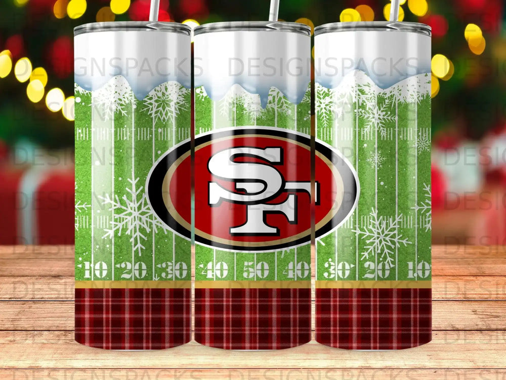 San Francisco 49ers logo on a snowy field with a plaid pattern.