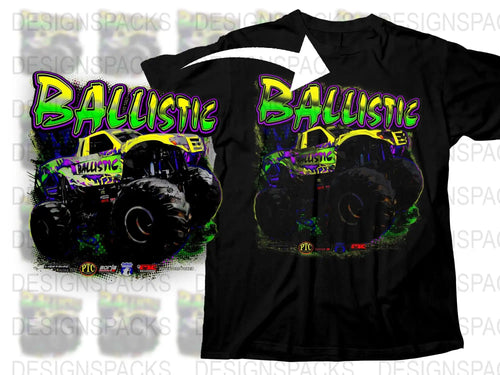 Ballistic Monster Truck Graphic T-Shirt, Bold Neon Text, Black Cotton Tee, Vibrant Casual Wear