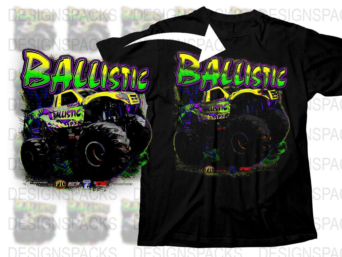 Ballistic Monster Truck Graphic T-Shirt, Bold Neon Text, Black Cotton Tee, Vibrant Casual Wear