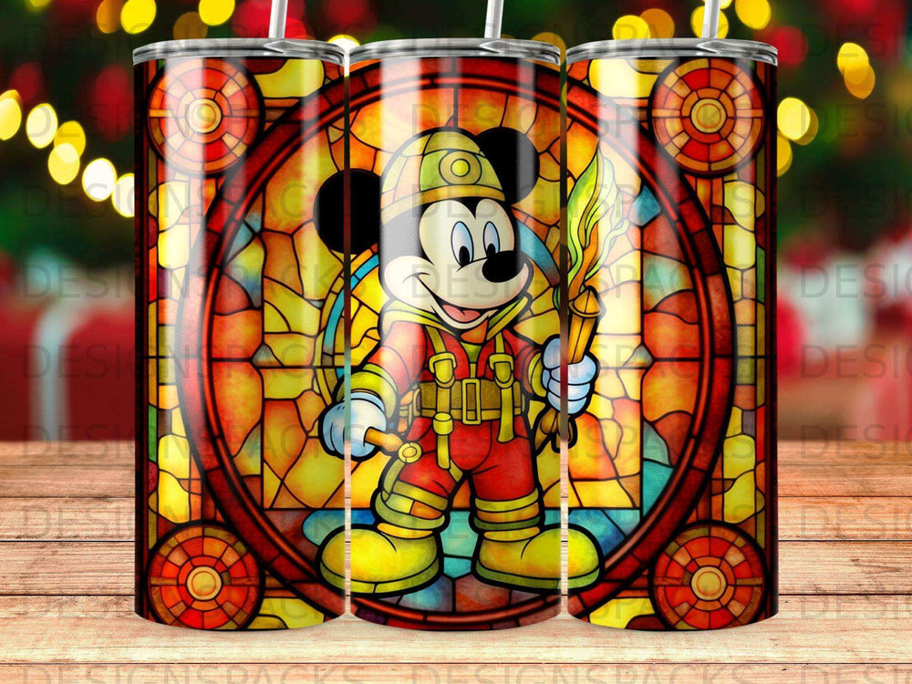 Mickey Mouse in firefighter uniform with stained glass background.