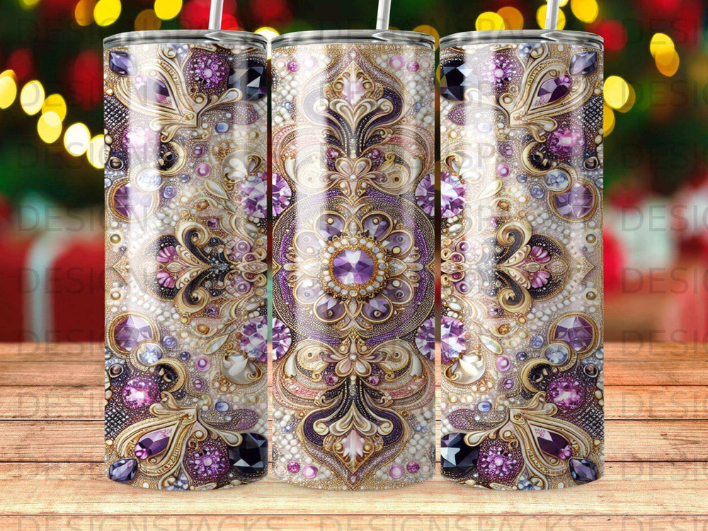 Tapered tumbler with ornate purple jewel and gold scroll pattern.