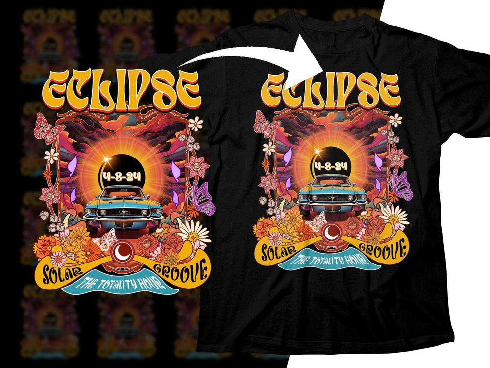 Eclipse Solar Groove t-shirt design with retro car, flowers, and 4-8-24 date for print-ready PNG SVG