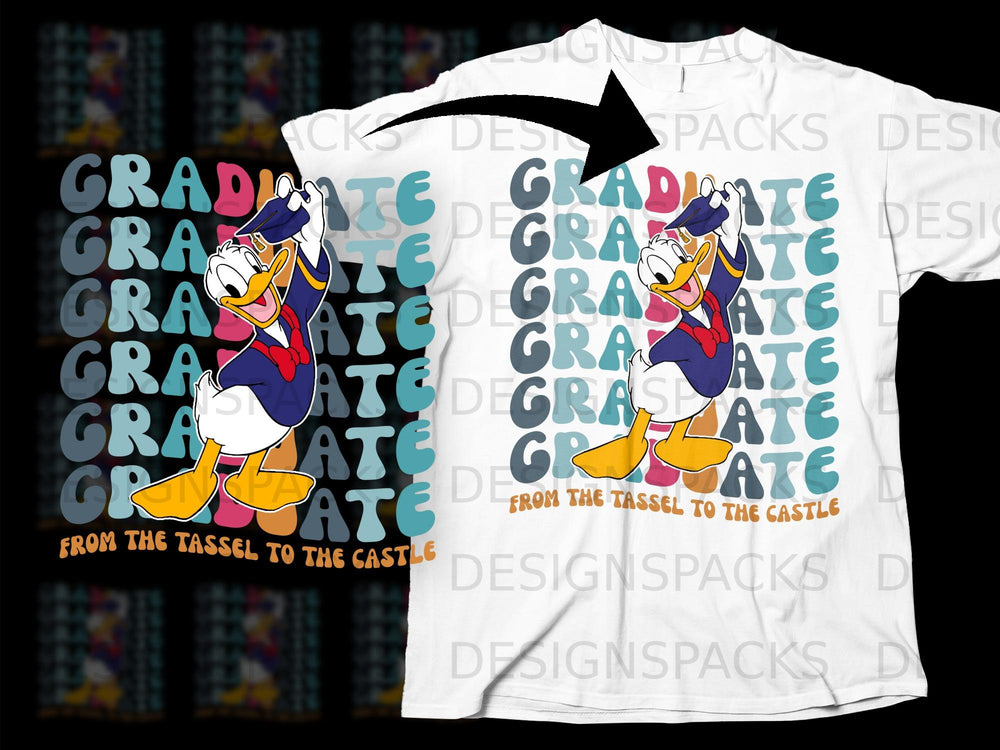 Donald Duck on a white t-shirt with "GRADUATE" text and "FROM THE TASSEL TO THE CASTLE".