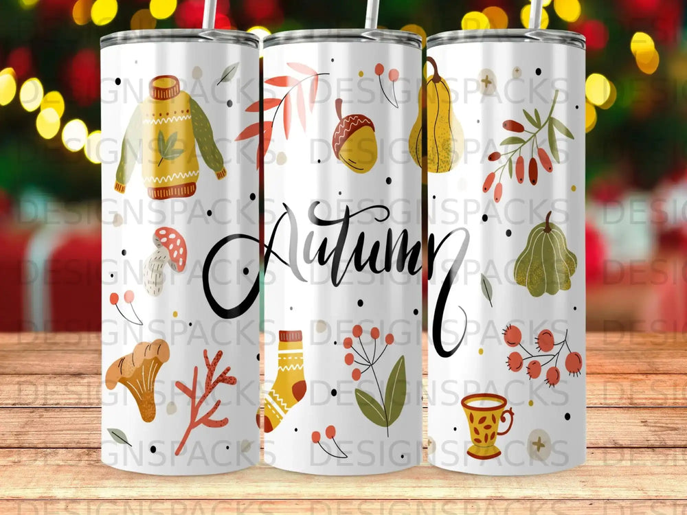 Tumbler with "Autumn" text and fall leaves, pumpkins, and acorns.