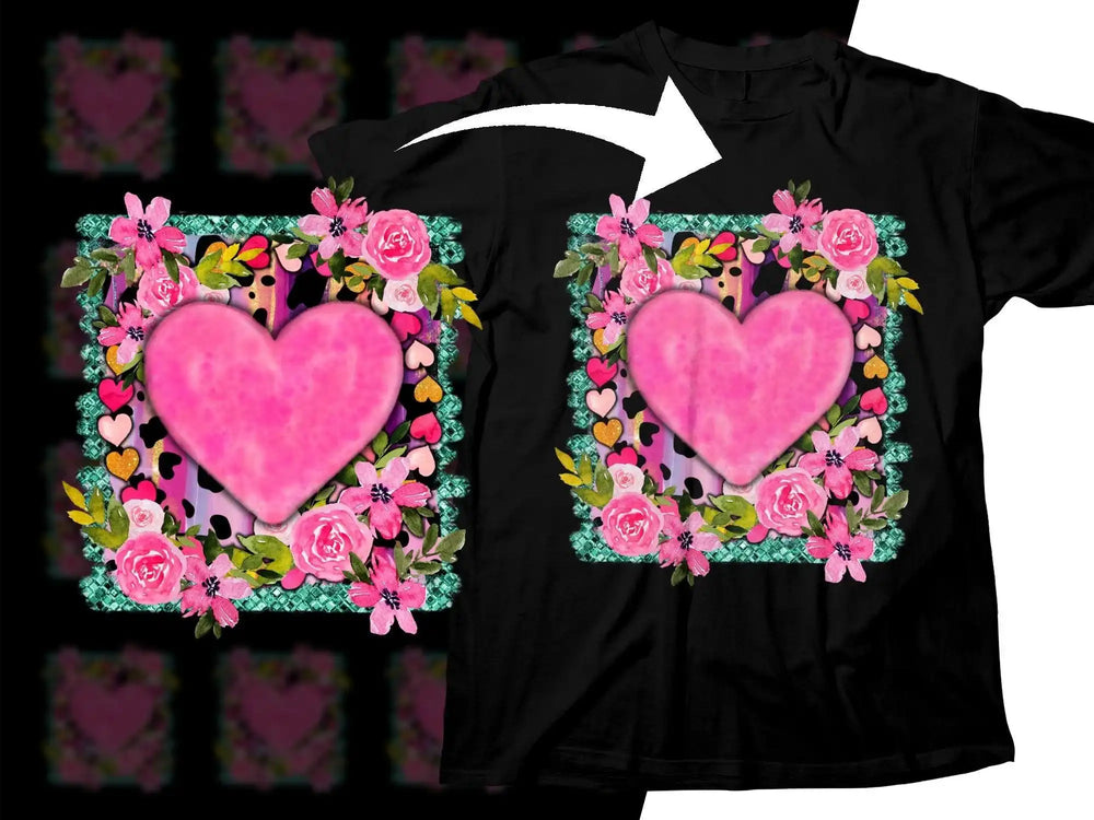 Pink heart floral design on black t-shirt, print-ready DTF/DTG bundle