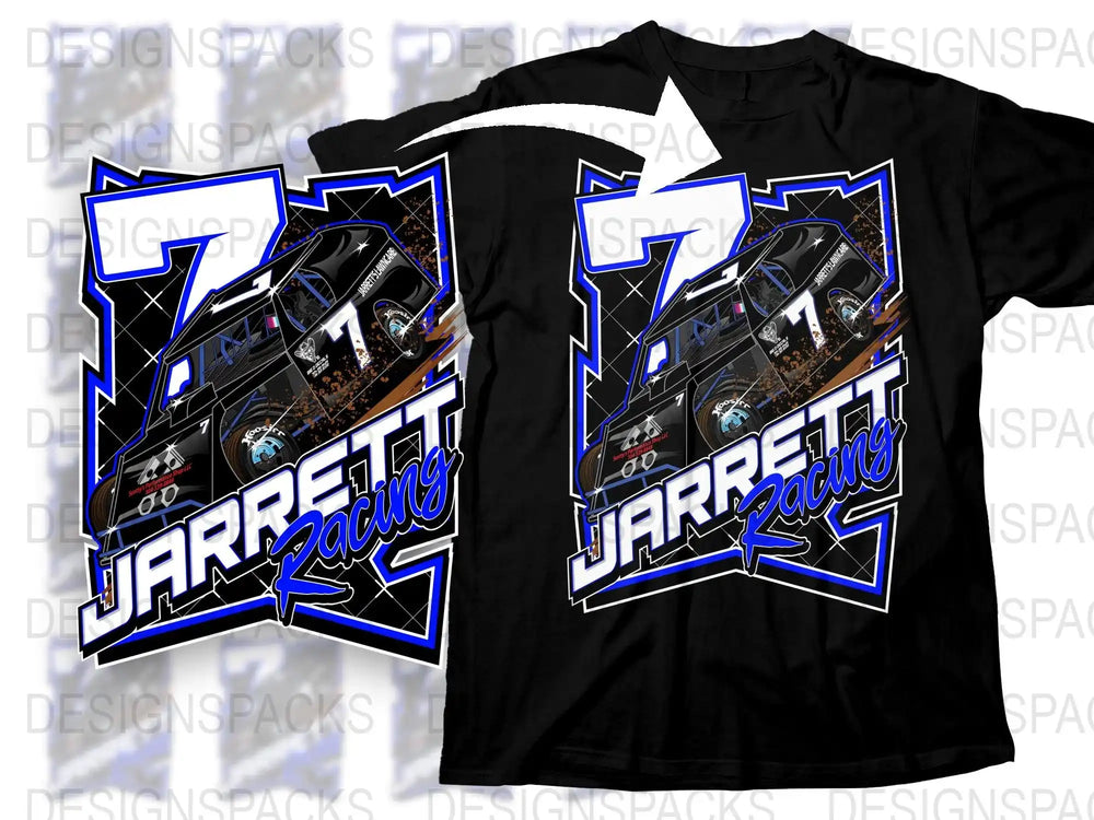 Jarrett Racing t-shirt design with race car and bold blue graphics
