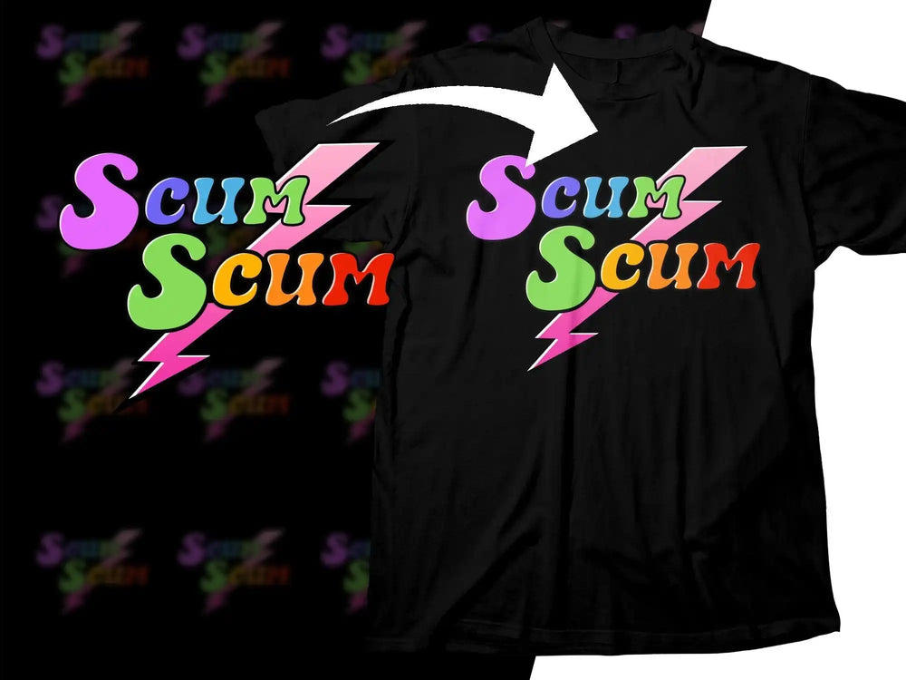 Black t-shirt with colorful 'Scum Scum' text and pink lightning bolt design