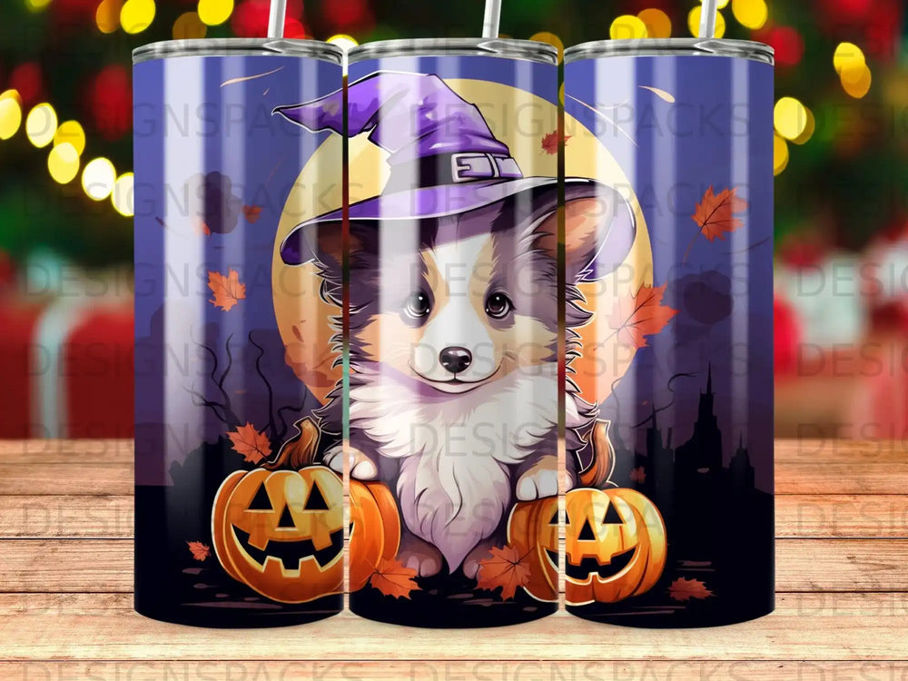 Corgi wearing a witch hat with pumpkins, fall leaves, and moon.