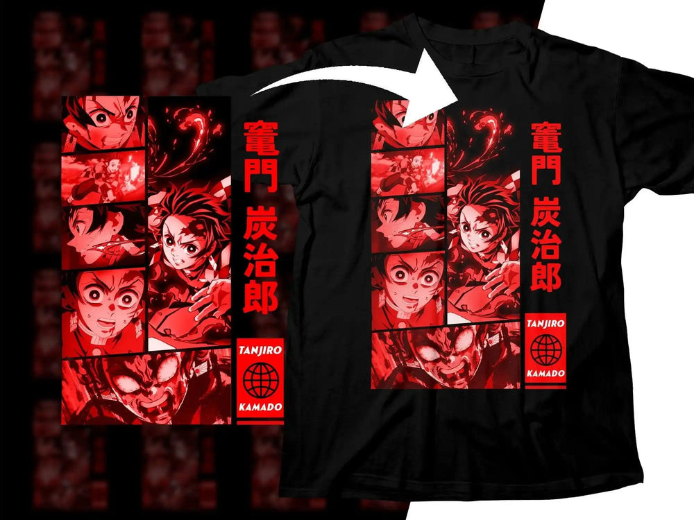 Black t-shirt with red Tanjiro Kamado anime design, featuring dynamic action panels and Japanese text.
