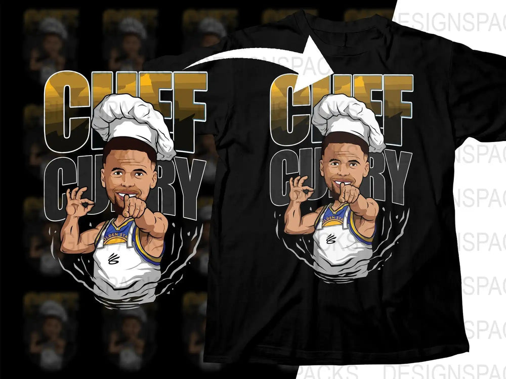 Chef Curry basketball design on black t-shirt, print-ready PNG for DTG/DTF