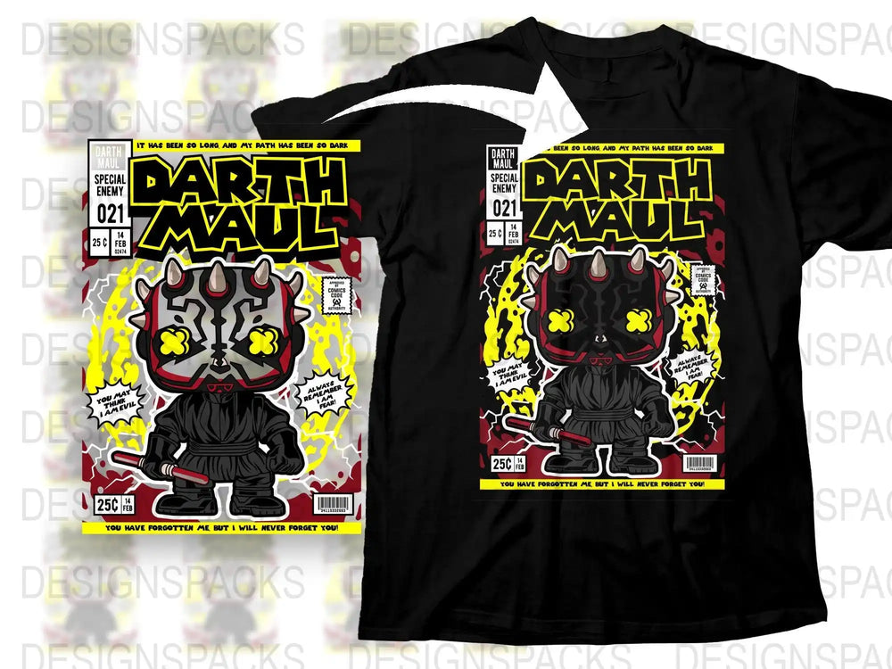 Darth Maul comic-style t-shirt design with bold yellow text and fiery graphics