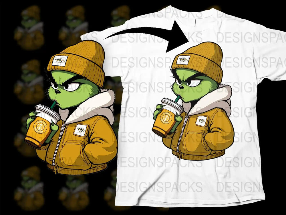 Grinch in Nashville Predators beanie & jacket sipping coffee, print-ready t-shirt design