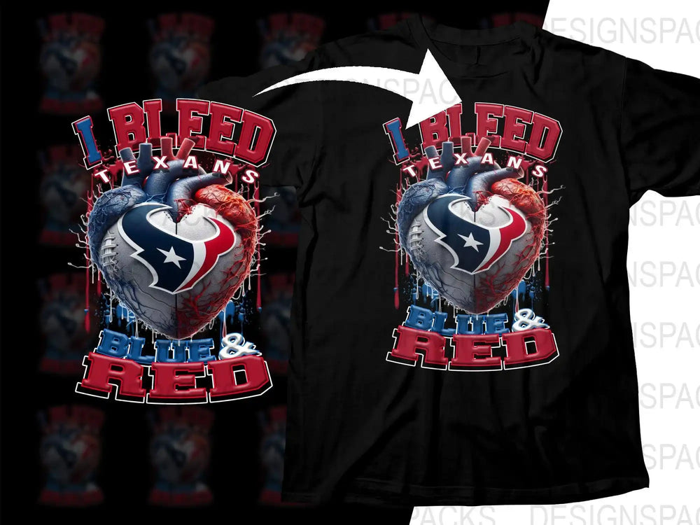 I Bleed Texans Blue & Red heart design on black t-shirt, print-ready for DTG/DTF