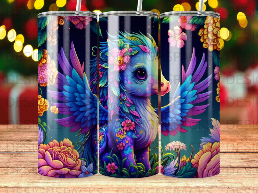 Fantasy Pegasus with colorful wings and floral accents on a dark background.