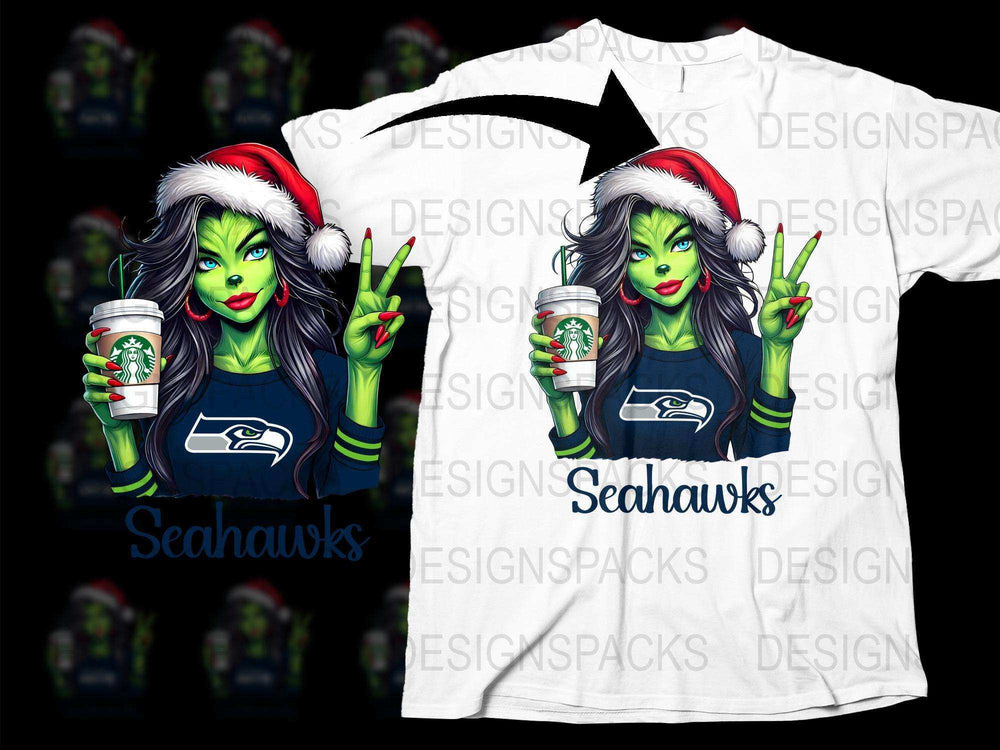 Festive Green Witch Christmas T-Shirt, Seattle Football Fan Shirt, Quirky Holiday Apparel, Unique Sports Fan Gift