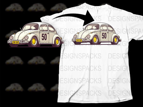 Vintage Beetle car design on white t-shirt, print-ready graphic for DTG or DTF printing