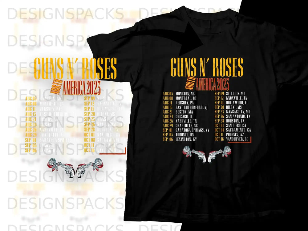 Guns N' Roses 2023 America tour shirt with city and date list.
