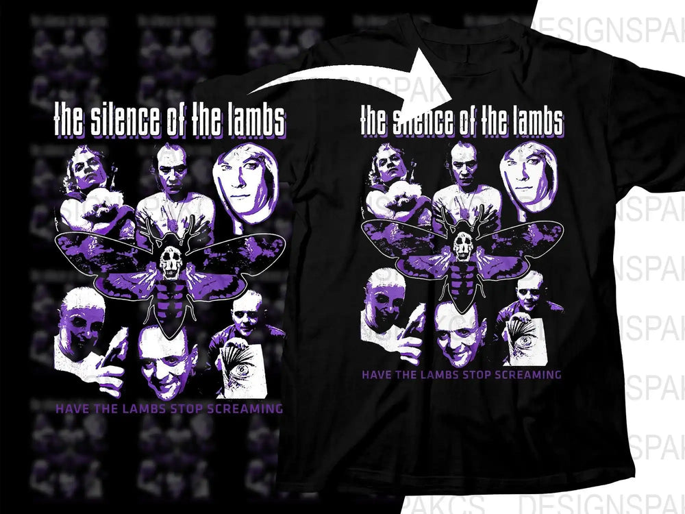 Silence of the Lambs movie design t-shirt with purple moth and character faces, print-ready graphic.