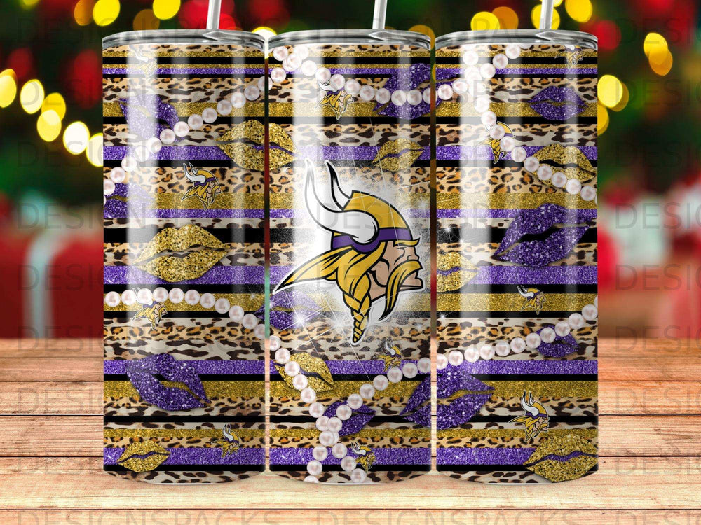 Minnesota Vikings logo on leopard print tumbler with glitter and pearls.