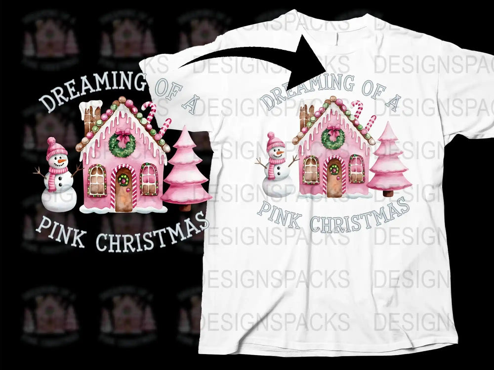 Dreaming of Pink Christmas T-Shirt, Cute Holiday Gingerbread House and Trees Tee